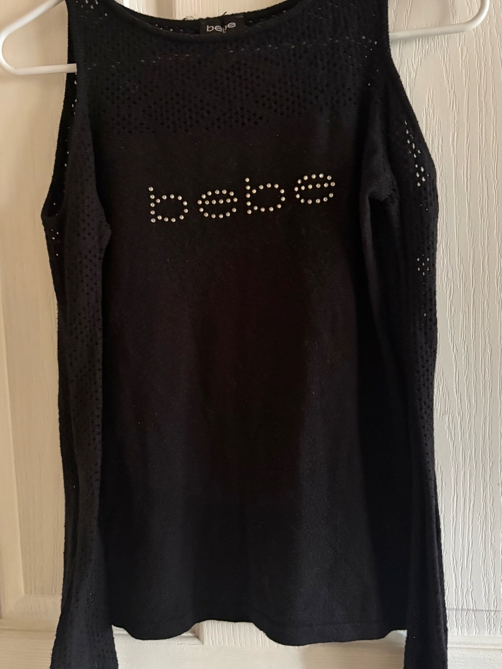 bebe Black Studded Logo Off-Shoulder Sweater